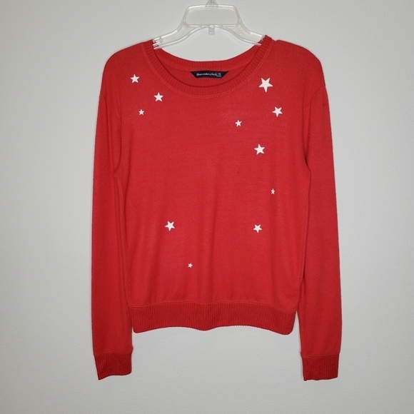 Abercrombie & Fitch Red & White Star Print Plush Knit Ribbed Crewneck Sweater - Picture 4 of 10
